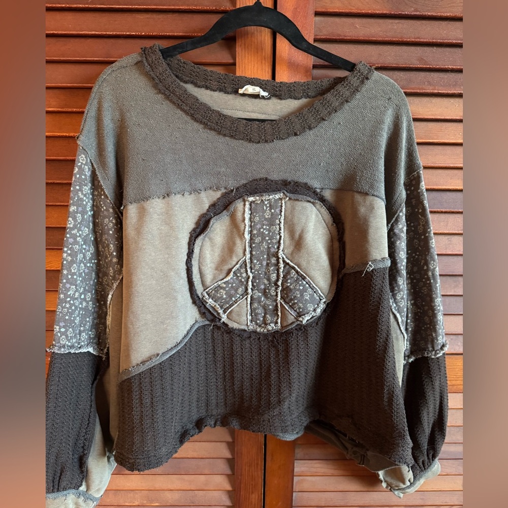 POL Boho Patchwork Peace Sign Top | Oversized Earthy Festival Free People Style